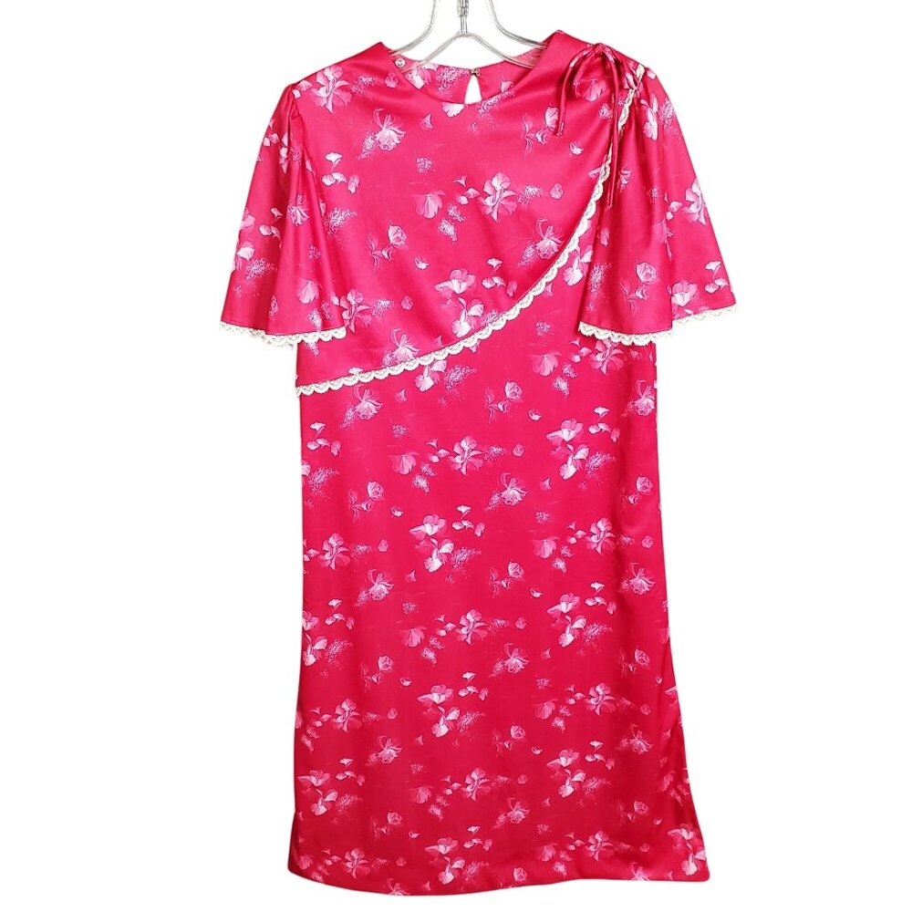 Vintage Sears Size 10 Dress Floral Lace Trim Shoulder Ribbon Floral Pattern Pink